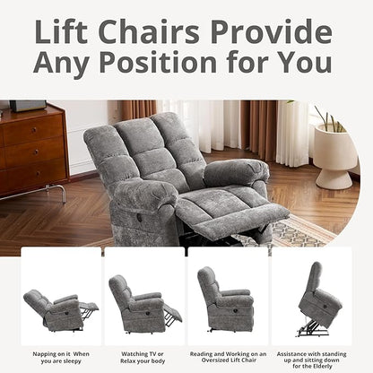 Oversized Power Lift Recliner Chair for Elderly, Electric Lift Chair with Masssage and Heat, Overstuffed Power Recliner for Adults, 3 Positions,USB Ports, Side Pockets,Grey