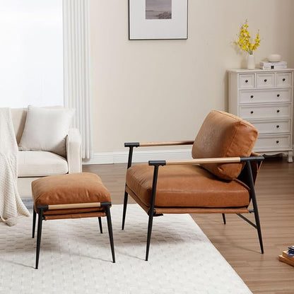 LukeAlon Mid-Century PU Leather Accent Chair with Ottoman, Soft Living Room Chair with Metal Legs Wood Arms Modern Upholstered Lounge Chair Leisure Chair with Footstool for Bedroom Reading Room, Brown