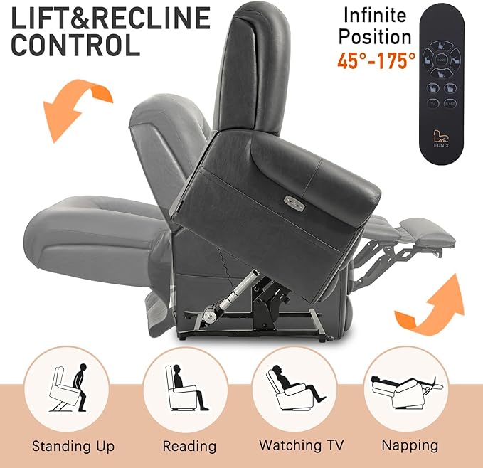 EONIX Four Motor Lay Flat Power Lift Recliner Chair for Elderly, 400lbs Electirc Lift Chair for Living Room, Independent Adjustable Lumbar Support & Headrest, Extended Footrest, Grey