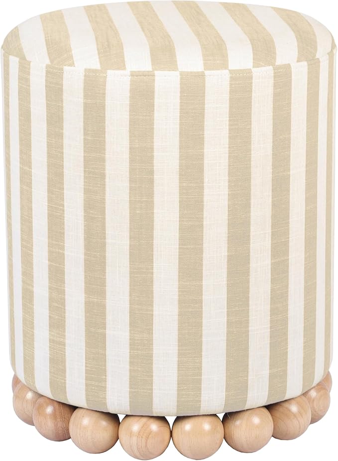 First of a Kind Ottoman Foot Rest - Beige Round Ottoman Stool with Solid Wood Spherical Orbs - 15.7" W x 15.7" D x 18.3" H - Handmade, Easy Clean, 330 lbs Weight Capacity