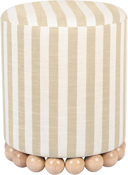 First of a Kind Ottoman Foot Rest - Beige Round Ottoman Stool with Solid Wood Spherical Orbs - 15.7" W x 15.7" D x 18.3" H - Handmade, Easy Clean, 330 lbs Weight Capacity