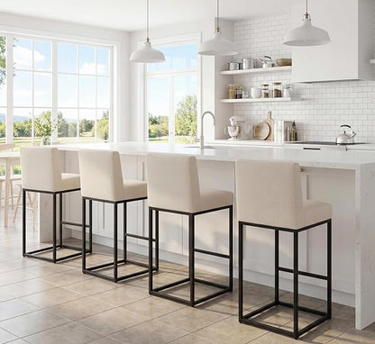 Counter Height Bar Stools Set of 4, Modern Metal Barstools 31 inch Seat Height Island Stools Linen Upholstered Farmhouse Bar Chairs with Back and Metal Legs, Beige