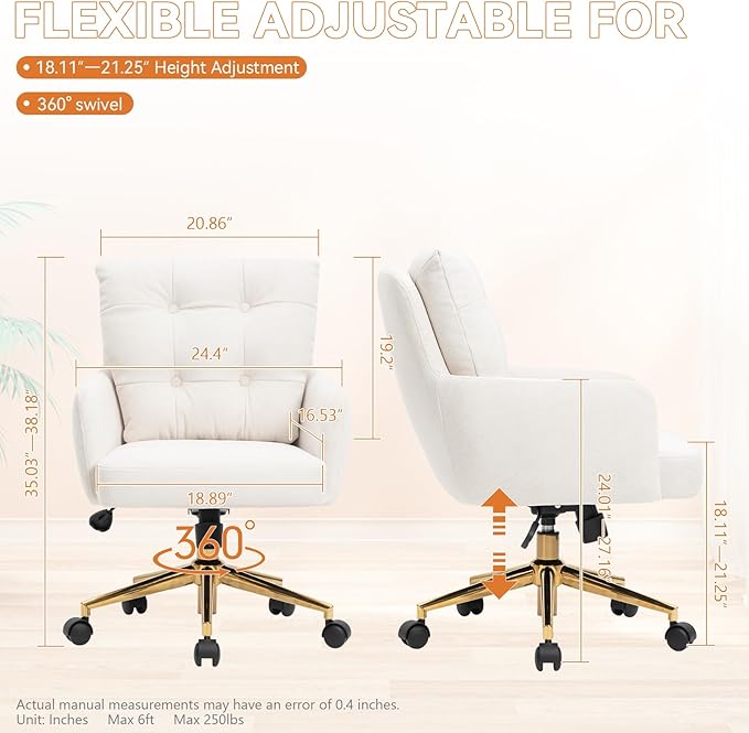 Plush Fabric Office Chair Vanity Chair Comfy Home Office Desk Chairs with Lumbar Support, Modern Plush Fabric Desk Gold Legs Swivel Task for Home Office Bedroom Study White Upgraded Version