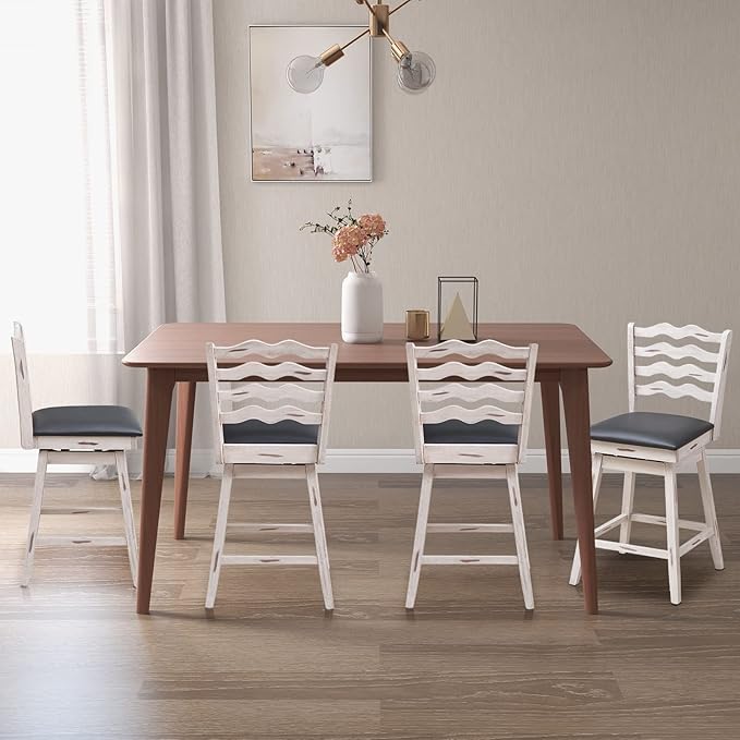 COSTWAY Bar Stools Set of 4, 25” 360° Swivel Counter Height Chairs with Rubber Wood Frame, Cushioned Seat, Ergonomic Backrest & Footrest, Wooden Upholstered Barstools for Kitchen Island (4, 25”)