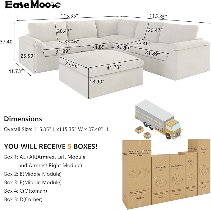 EASE MOOSE Boneless Modular Cloud Couch, Oversized L-Shaped Sectional Sofa for Living Room with Ottoman, Extra Large Movable Couches, 6-Deep-Seat Sofas for Bedroom, Apartment, Chenille (White)