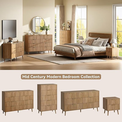CARPETNAL Fluted 5 Drawers Dresser for Bedroom, 45" Tall Wooden Chest of Drawers with Rounded Corners, Gold Handles, Modern Storage Organizer for Bedroom, Hallway (Walnut)