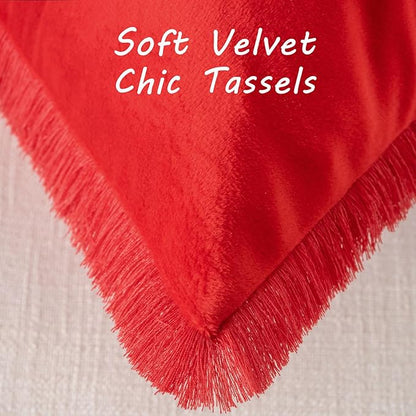 FUTEI Christmas Red Velvet Decorative Throw Pillow Covers 18x18 Set of 2,Soft Cozy Edge with Tassels Cushion Case,Boho Modern Home Decor for Couch Bed Living Room