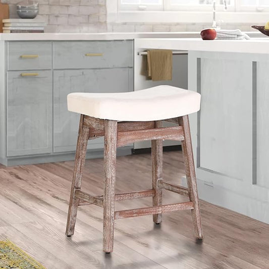 ALPHA HOME Bar Stool, Solid Wood Saddle Kitchen Stool with Beige Linen Fabric Cushion Counter Height Barstool with Vintage Farm Wooden Base for Kitchen Dining Cafe, 24 Inch, Beige, 1PC