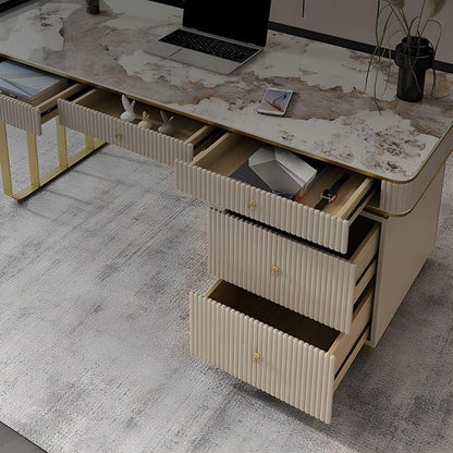 RUNNUP Stone top Computer Desk with 5 Drawers, Rectangular Home Computer Desk Writing Desk, Modern Executive Desk, Without Chairs, Black, 55" L x 23.5" W x 29.5" H