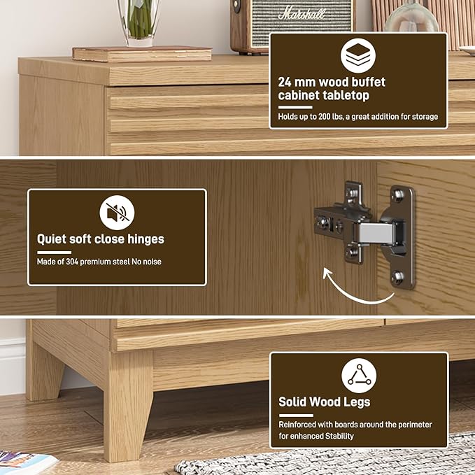 Fluted Buffet Cabinet with Storage, Coffee Bar Cabinet with a Drawer, Sideboard Buffet Kitchen Storage Cabinets with Adjustable Shelves for Living Room, Kitchen, Natural Oak