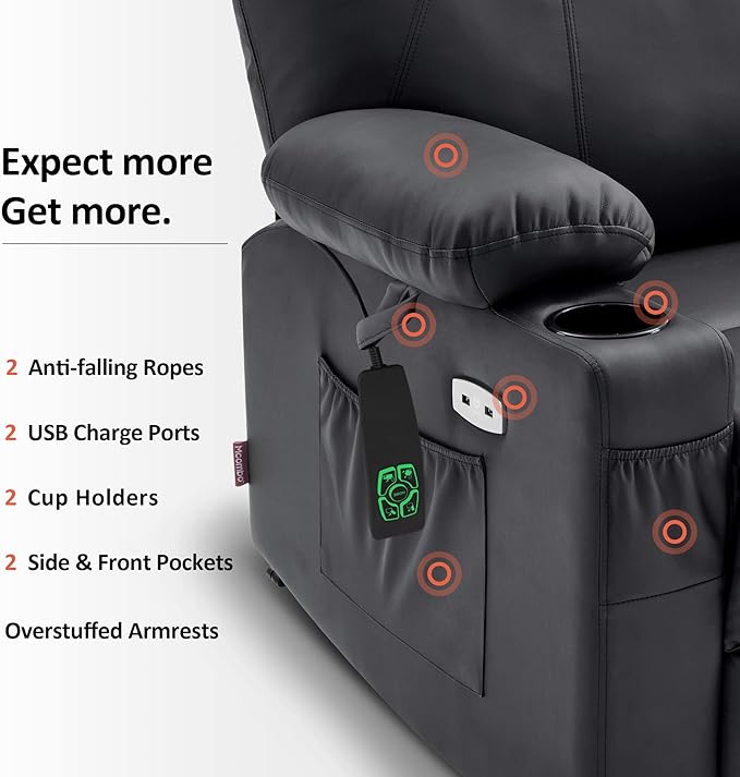 MCombo Dual Motor Large Power Lift Recliner Chair for Elderly, Lay Flat Lift Chair with Heat and Massage, Big Lift Recliner for Tall People, Faux Leather 7815 (Black, Large)