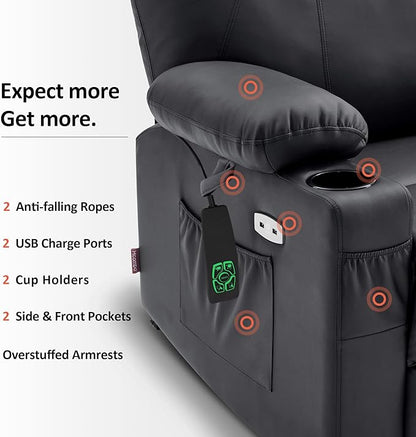 MCombo Dual Motor Large Power Lift Recliner Chair for Elderly, Lay Flat Lift Chair with Heat and Massage, Big Lift Recliner for Tall People, Faux Leather 7815 (Black, Large)
