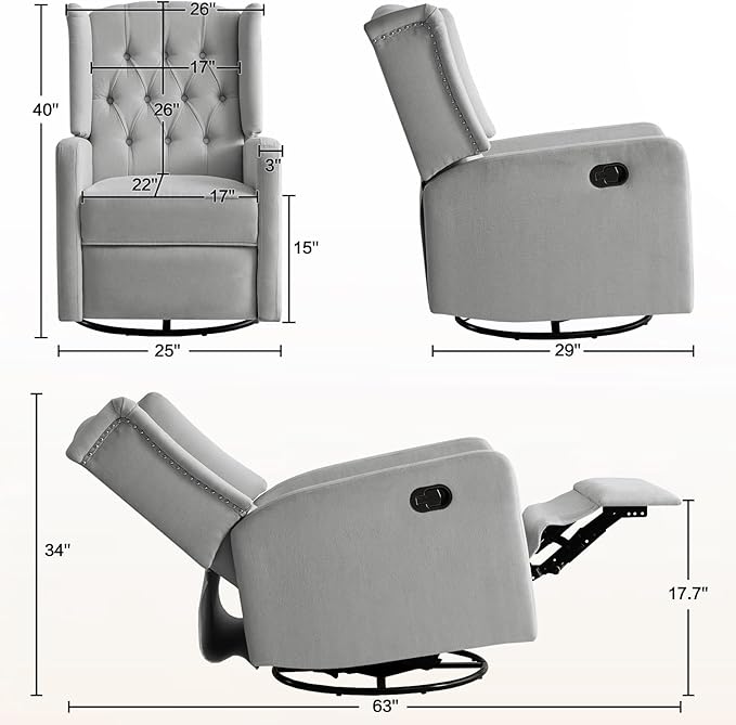 ABAKAN Swivel Rocker Recliner Chair, 360 Degree Nursery Rocking Recliner, Linen Glider Chair with Button Tufted Wingback Chair, for Living Room, Bedroom, Gray