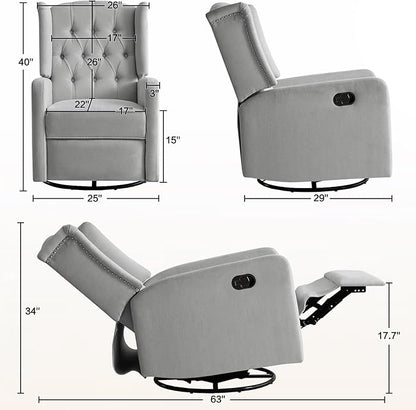 ABAKAN Swivel Rocker Recliner Chair, 360 Degree Nursery Rocking Recliner, Linen Glider Chair with Button Tufted Wingback Chair, for Living Room, Bedroom, Gray