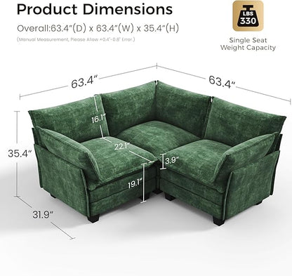 KKL Modular Sectional Sofa, V-Shaped 3 Seater Cloud Couch with Ottoman, Chenille Modern Sectional Couches for Living Room, Apartment Green
