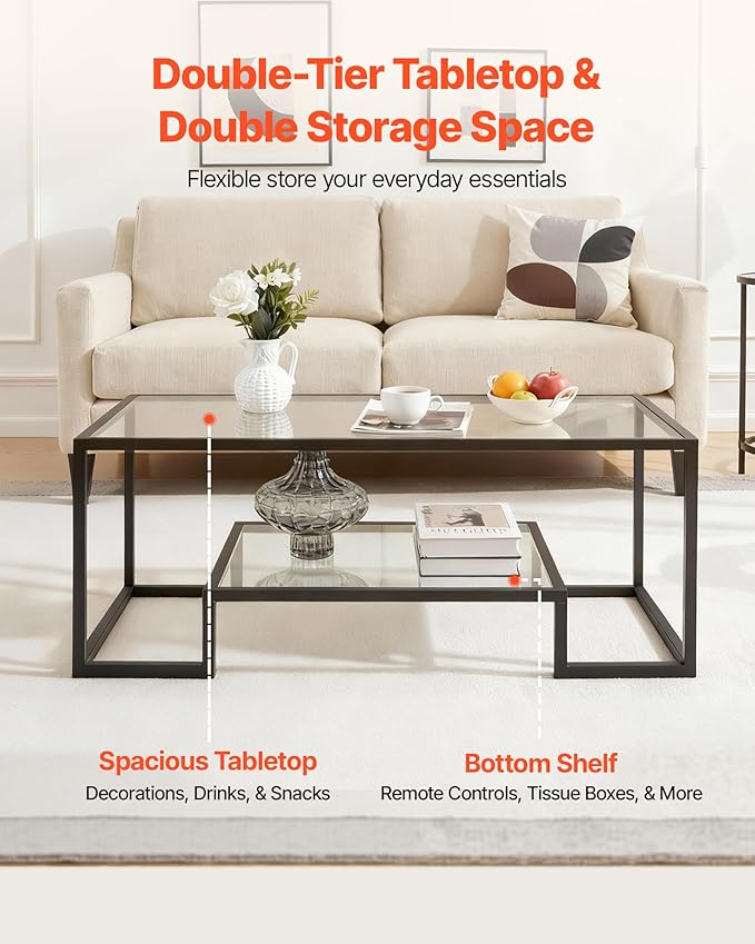 VEVOR Coffee Table, Modern Tempered Glass Coffee Table, 2 Tiers Rectangle Glass Center Desk with Open Storage, Minimalist Sturdy Metal Frame Accent End Desk for Living Room, Office, Easy Assembly