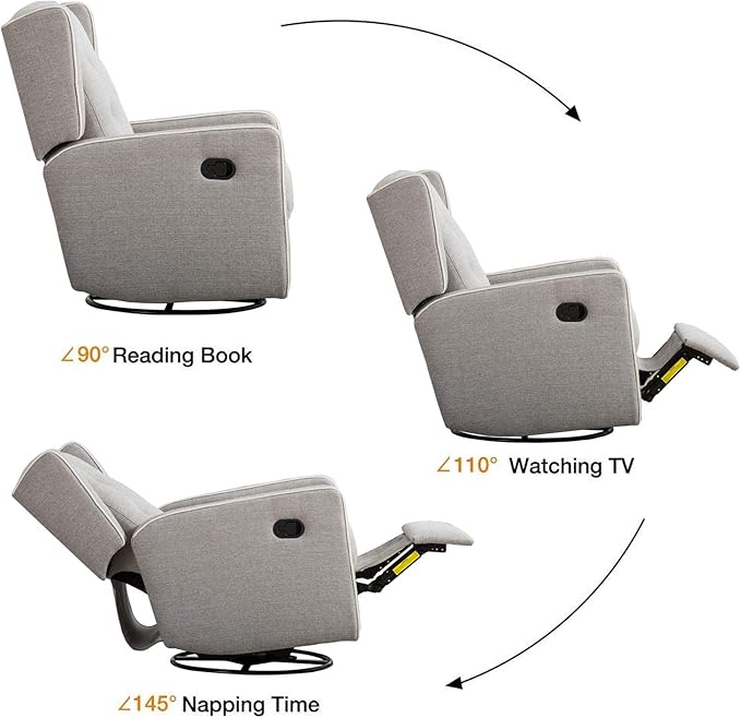 CANMOV Swivel Rocker Recliner Chair Set of 2, Nursery Glider Chair, Nursery Rocking Chairs, Manual Reclining Chair, Grey