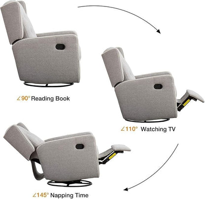 CANMOV Swivel Rocker Recliner Chair Set of 2, Nursery Glider Chair, Nursery Rocking Chairs, Manual Reclining Chair, Grey