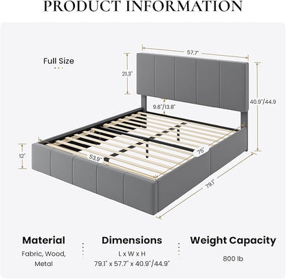 SHA CERLIN Full Size Bed Frame, Velvet Upholstered Platform Bed, Vertical Channel Tufted Adjustable Headboard, Low Profile Bed Frame, No Box Spring Needed, Easy Assembly, Grey