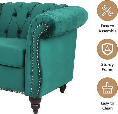 Velvet Loveseat Sofa, Mid Century Modern Upholstered Couch, 62" Oversized Comfy 2 Seater Love Seat Couch with Cushions, Tufted Chesterfield Sofa for Living Room, Bedroom, Apartment (Green)