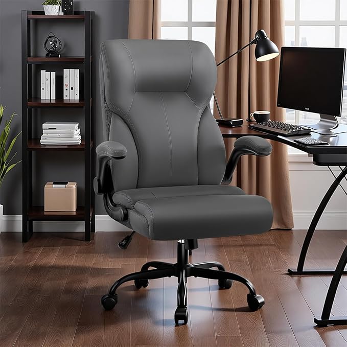 Executive Office Chair, High Back Ergonomic Comfy Desk Chair with Padded Flip-up Armrests and Wheels, PU Leather Heavy Duty Computer Swivel Rolling Task Chair for Home Office, Adults, Gray
