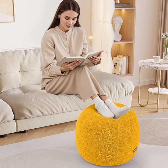 MeMoreCool Stuffed Round Pouf Ottoman Foot Rest, Floor Pouf Foot Stool with Soft Foam Chunk Filling, Small Round Ottoman Footstool Circle Footrest for Living Room, Yellow
