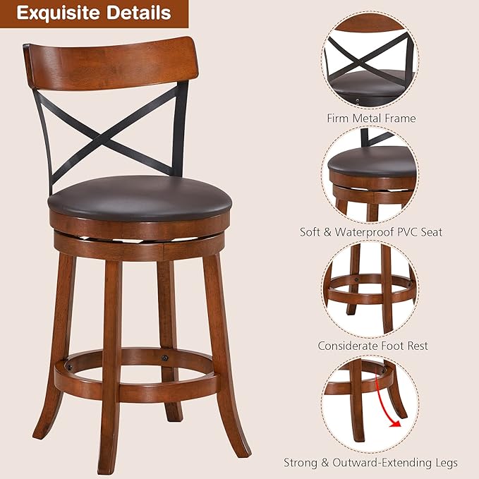 ERGOMASTER Swivel Bar Stools Set of 4 with PU Cushion and Solid Cappuccino Rubberwood Barstool for Kitchen Island Counter, Pub - 29 Inch Height
