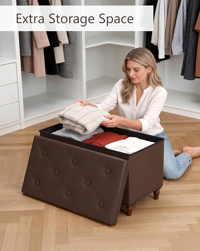 GLAXYFUR 30 Inches Storage Ottoman Bench with Wooden Legs, Faux Leather Folding Ottoman Foot Rest, Storage Bench for Living Room, Hallway & Bedroom, Brown
