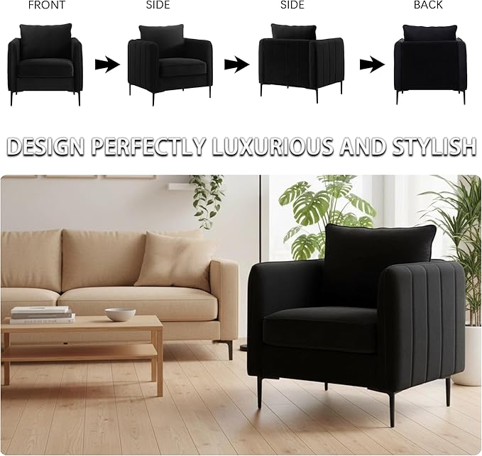 Velvet Accent Chair Set of 2, Comfy Upholstered Single Sofa Chair Mid-Century Modern Armchair with Thick Cushion and Wood Frame Side Chair for Living Room Bedroom Apartment (Black)