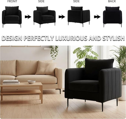 Velvet Accent Chair Set of 2, Comfy Upholstered Single Sofa Chair Mid-Century Modern Armchair with Thick Cushion and Wood Frame Side Chair for Living Room Bedroom Apartment (Black)