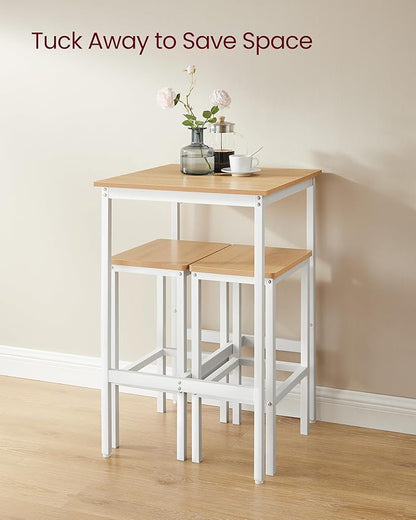 VASAGLE Bar Table and Chairs Set, Square Table with 2 Stools, Dining Pub Set for 2, Space Saving for Kitchen Breakfast, Living Room, Party Room, Golden Oak and Cloud White