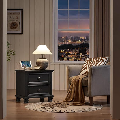 Farmhouse Nightstand Set of 2, Rustic Low Nightstands with 2 Drawers & Charging Station, Vintage Night Stands with 4 Square Solid Wood Legs, Small Dresser for Bedroom, Home, Black