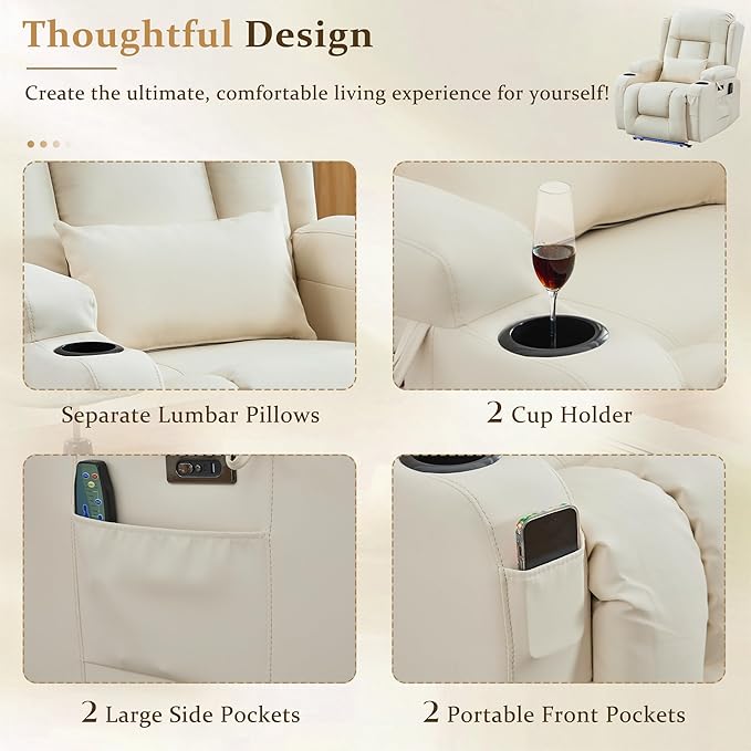 URRED Power Recliner Chair with Massage and Heat for Adults, Electric Reclining Sofa Home Theater Seating with Ambient Light, USB Ports, Cup Holders, Side Pockets, Pillow, Faux Leather (Beige)