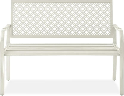 Best Choice Products Outdoor Bench 2-Person Metal Steel Benches Furniture for Garden, Patio, Porch, Entryway w/Geometric Backrest, 790lb Capacity - Ivory