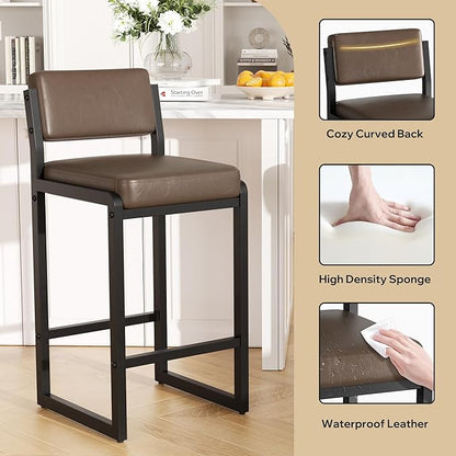 Bar Stools Set of 2, Faux Leather Counter Height Bar Stools with High Back and Metal Legs, Upholstered Bar Chairs, 26" Modern Barstools for Kitchen Island, Dark Brown