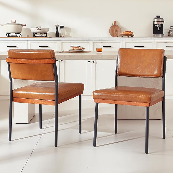 Modern Dining Chairs Set of 2, Kitchen Chairs with Thick Cushions and Adjustable Foot Pads, Upholstered Faux Leather Dining Room Chairs with Sturdy Metal Legs,Brown