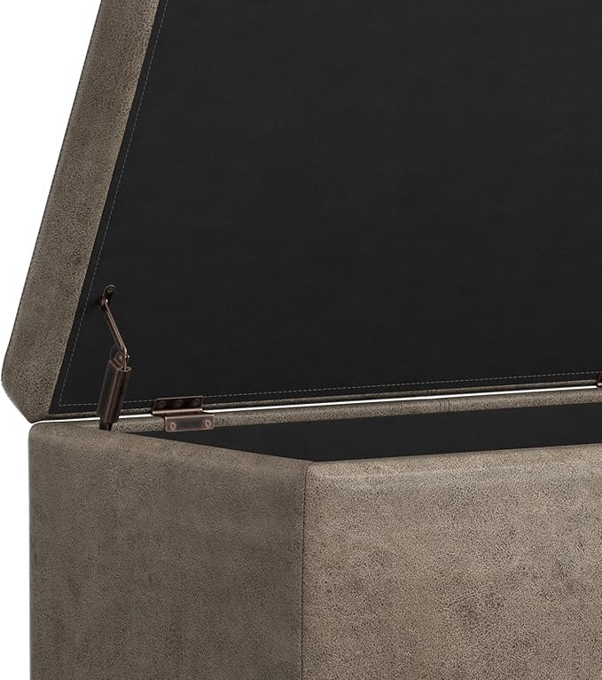 SIMPLIHOME Avalon Storage Ottoman Bench - 48 inch Wide Upholstered Vegan Leather Rectangular Lift-Top Ottoman in Distressed Smoky Grey Brown, Transitional Bench for Living Room with High-Density Foam