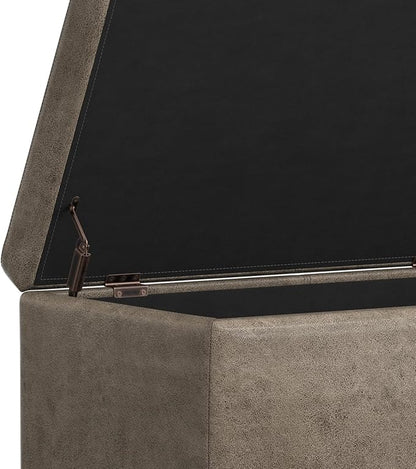 SIMPLIHOME Avalon Storage Ottoman Bench - 48 inch Wide Upholstered Vegan Leather Rectangular Lift-Top Ottoman in Distressed Smoky Grey Brown, Transitional Bench for Living Room with High-Density Foam