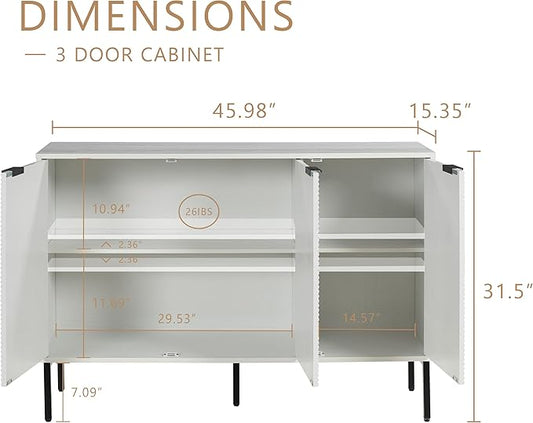 Kitchen Buffet Storage Cabinet, Modern 3 Door Coffee Bar with Shelves, Wooden Fluted Entryway Cabinet for Dinning Room, Living Room (1, Embossed White)