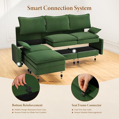 Vesgantti 108" Modular Sectional Sofa, Comfy Cloud Couch with Movable Ottoman Deep Seat Chenille L Shaped Modular Sofa, Sectional Couches for Living Room, Bedroom and Apartment, Green