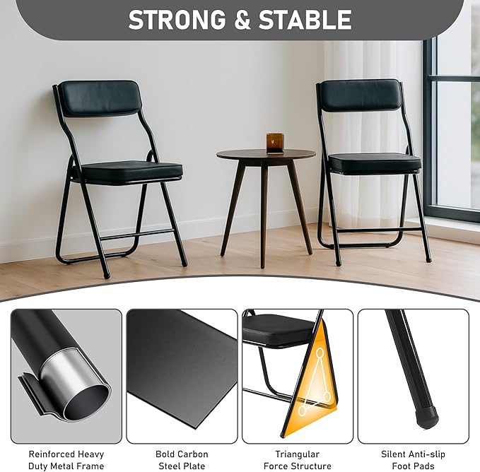 10 Pack Padded Folding Chairs with Cushion, Foldable Dining Chair Set Portable Indoor Outdoor Stackable Folding Chairs with Steel Frame for Home Office Events Wedding Party Black