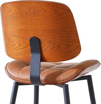 Mid Century Modern Bar Stools Set of 3 for Kitchen Island,Upholstered Brown Faux Leather Counter Height stools,26 Inch Counter stools with Walnut Grain Back
