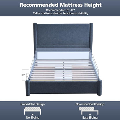 VELOCAVA Queen Size Upholstered Bed Frame with 51.77" Tall Headboard and Soft Rounded Corners, Side Storage Drawers, 12-Slat Support, No Box Spring Needed, Linen-Blend Fabric, Dusty Blue