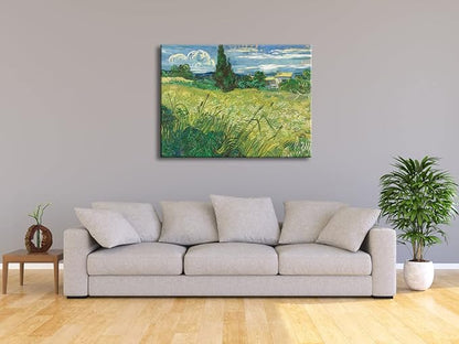 Wieco Art Abstract Large Canvas Wall Art Prints Green Field 1889 by Van Gogh Famous Oil Paintings Reproduction Artwork Stretched Landscape Picture for Home Decor Office Decoration