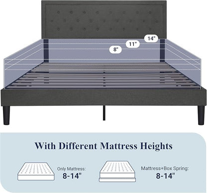 Allewie King Size Fabric Upholstered Bed Frame with Diamond Button Tufted/Adjustable Headboard/Wood Slat Support/Mattress Foundation/Dark Grey