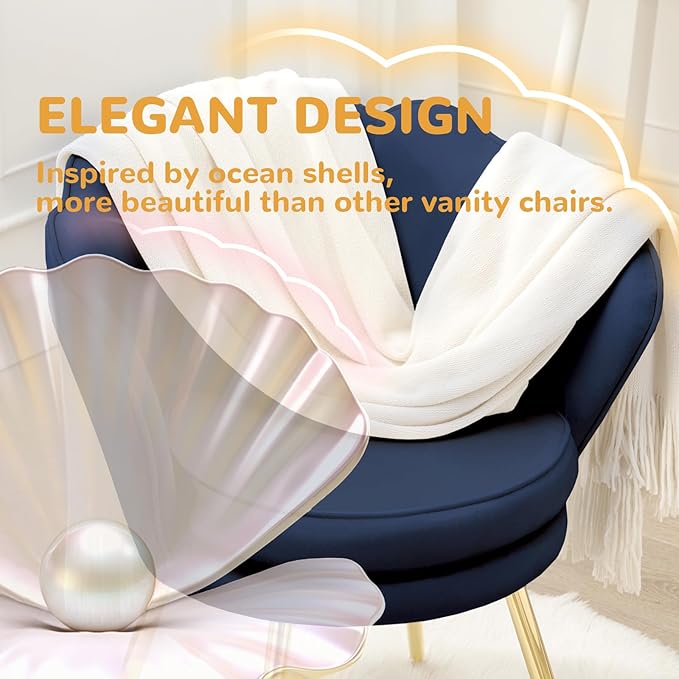 Velvet Vanity Chair with Back, Mid-Century Modern Small Accent Chair for Living Room, Golden Metal Legs Upholstered Makeup Chair, 1Pcs Bedroom Armchair, Dark Blue