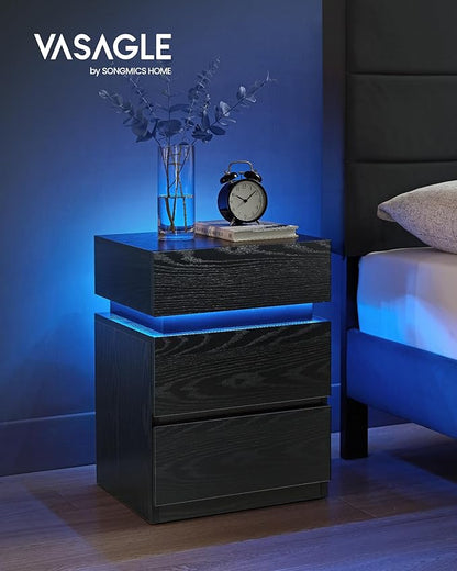 VASAGLE Nightstands with LED Lights, Set of 2, Adjustable Light Colors, Bedside Tables, Side Tables with 3 Drawers, Modern Style, 13.8 x 15.7 x 21.7 Inches, Ebony Black ULET799T58