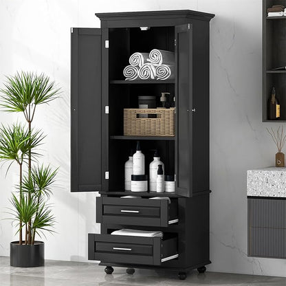 Polibi Tall Storage Cabinet with 2 Drawers, 3-Tier Adjustable Shelves & 2 Doors, Floor Freestanding Cabinet for Bathroom, Living Room, Black