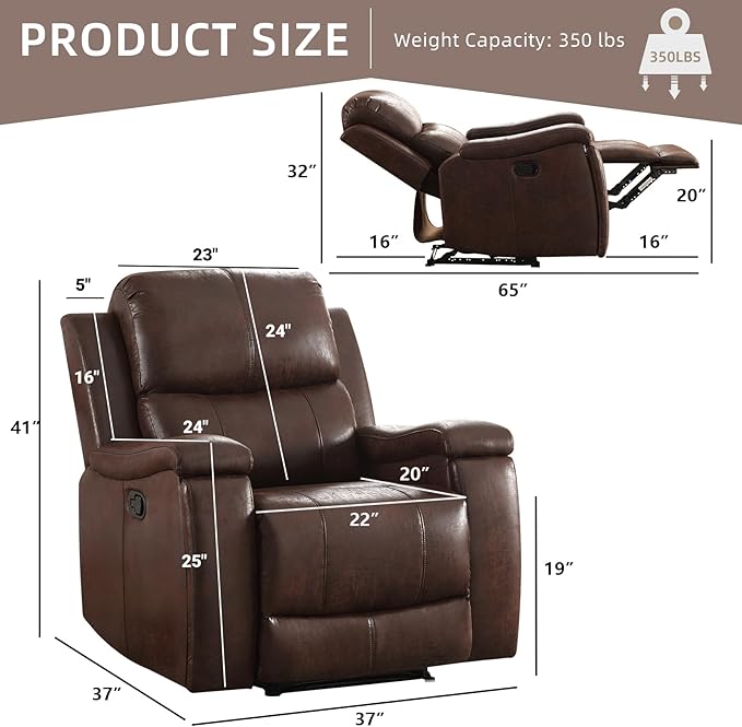 Leather Recliner Chair, Manual Recliner Chair for Adults with Overstuffed Arms and Back, Single Sofa Recliner with Cup Holders for Living Room Set of 2, Red Brown