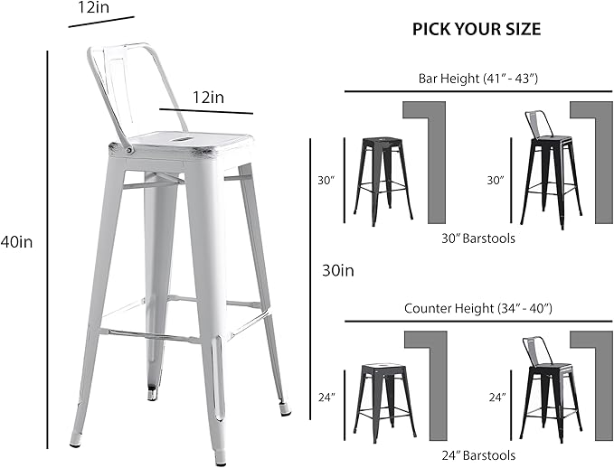 AC Pacific 30” Metal Barstool Set of 2 – Country Rustic Style with Low Back, Lightweight & Sturdy Build, Easy Assembly – Distressed White